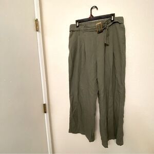 Si Sono sage green linen blend belted wide leg hi rise trouser pants pull on L
